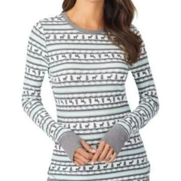 CUDDL DUDS Stretch Thermal Long Sleeve Crew Shirt Aqua Deer Stripe - Picture 5 of 5